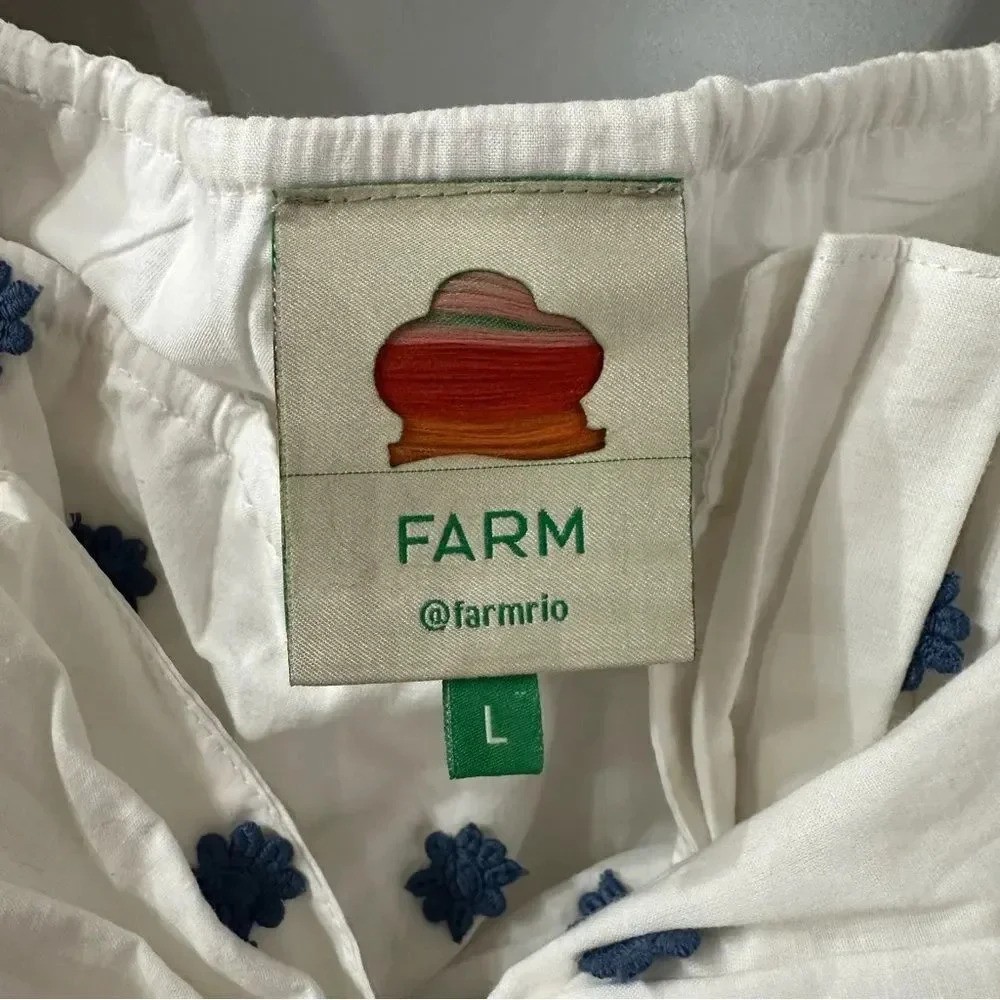 NWOT Farm Rio 100% Cotton Blue Flowers Embroidered Crop Top Blouse Size L - Picture 6 of 9